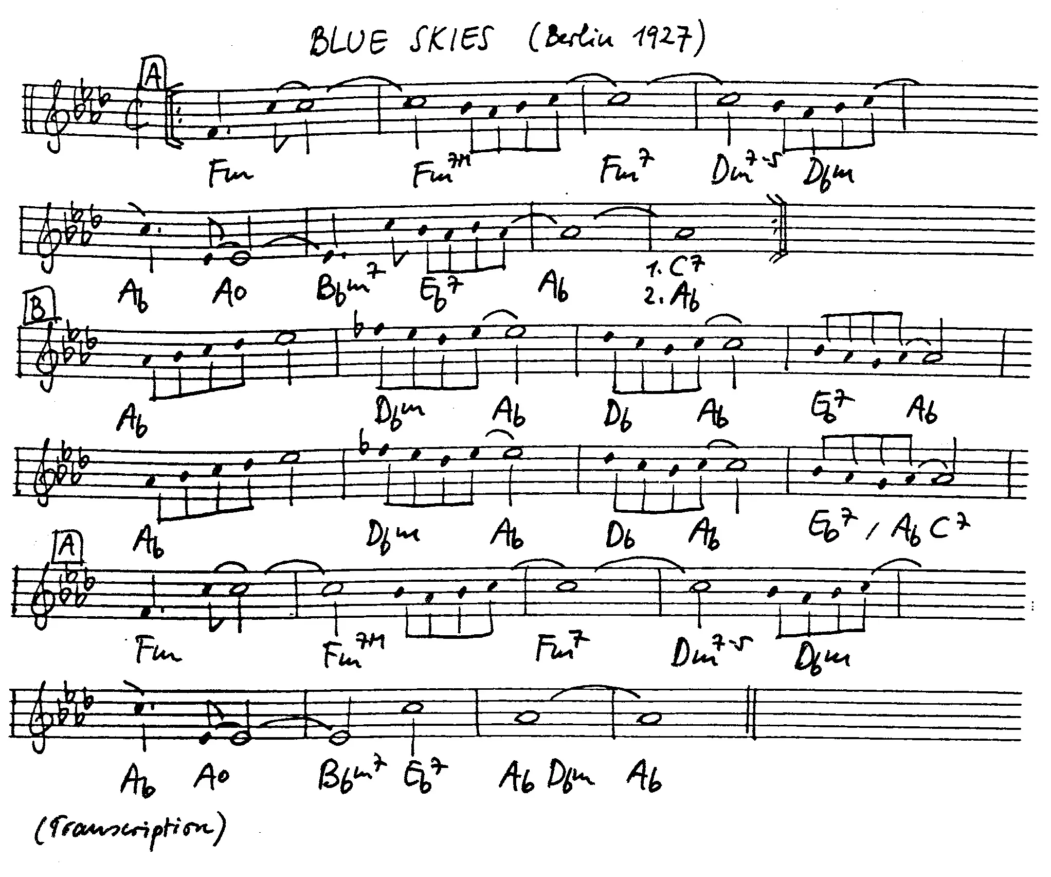 blue skies free jazz leadsheet - Courtesy of the Jungle Jazz Band